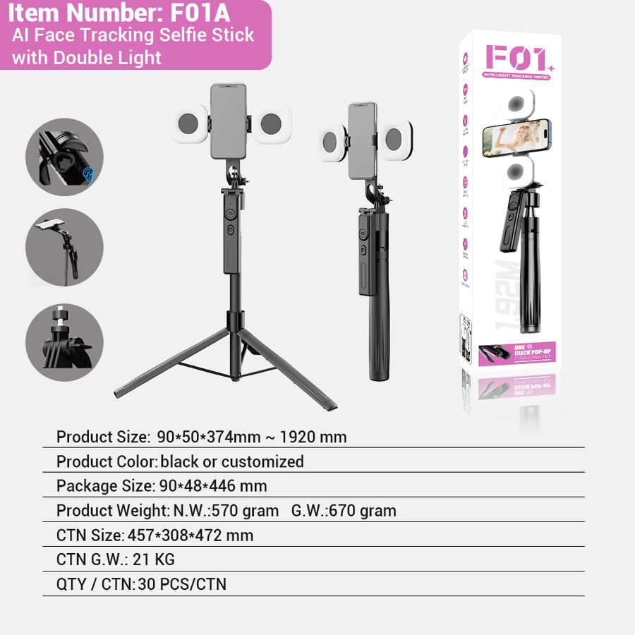 F01A Tripod Selfie Stick with AI Face Tracking, Sturdy Tripod Base, Balanced Stable Shooting