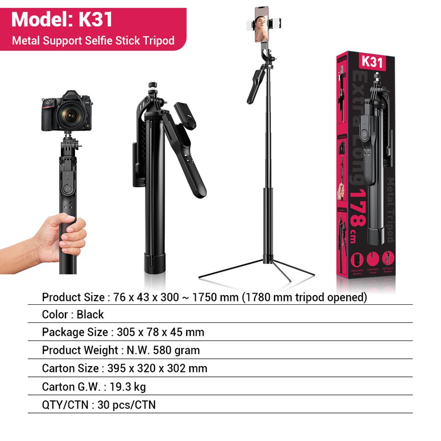 K31 All-Metal Tripod Selfie Stick with Balanced Stable Shooting