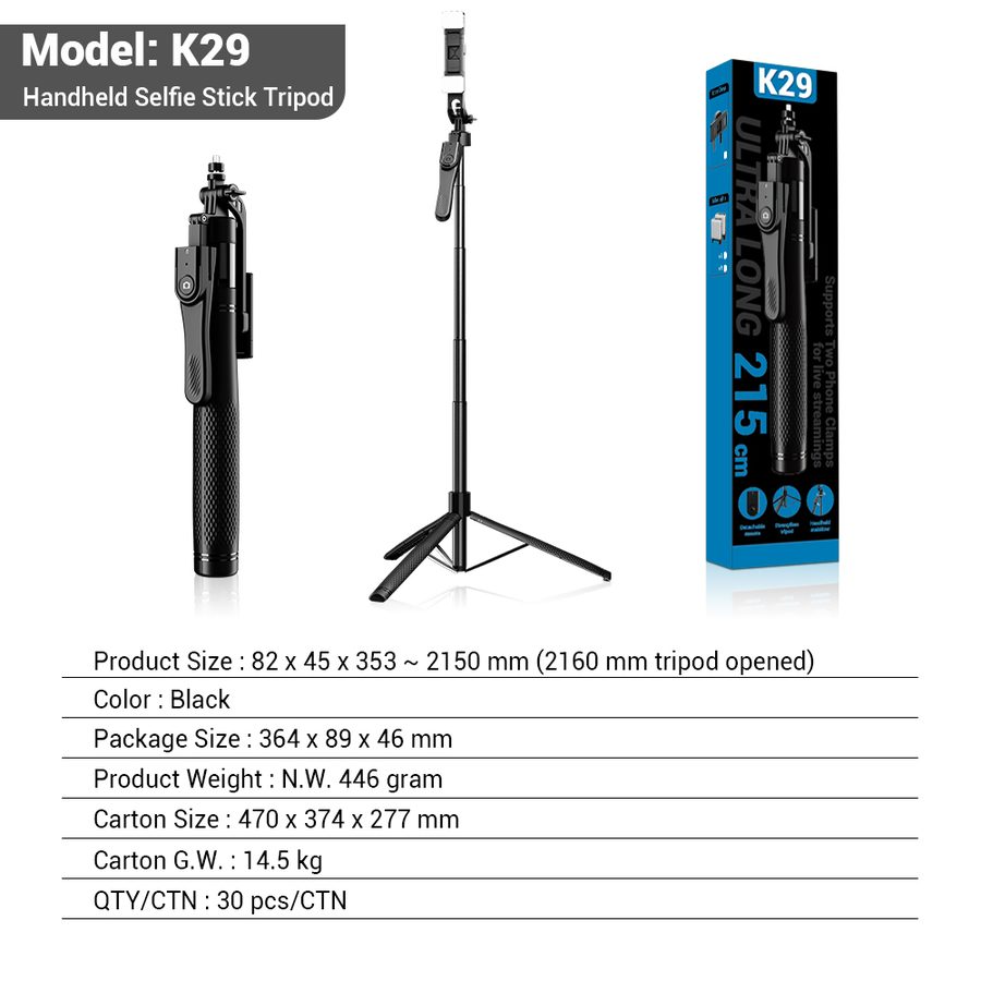 K31 All-Metal Tripod Selfie Stick with Balanced Stable Shooting view 3