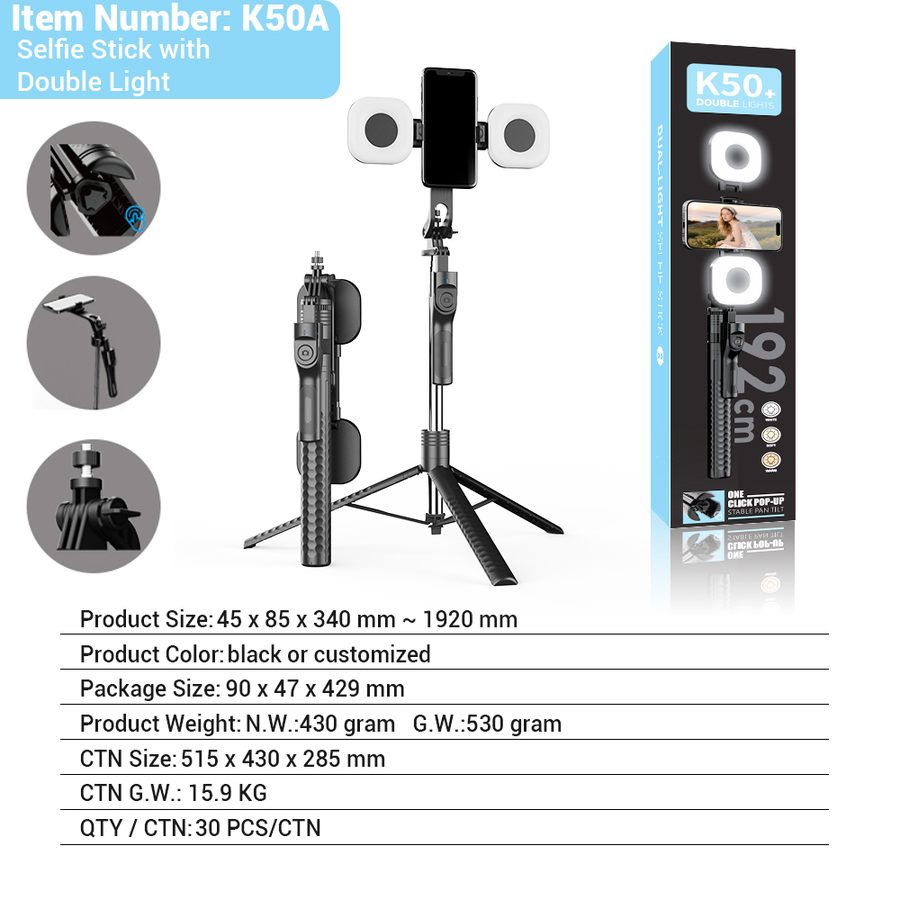 K50A Tripod Selfie Stick with One-Touch Open, Bluetooth