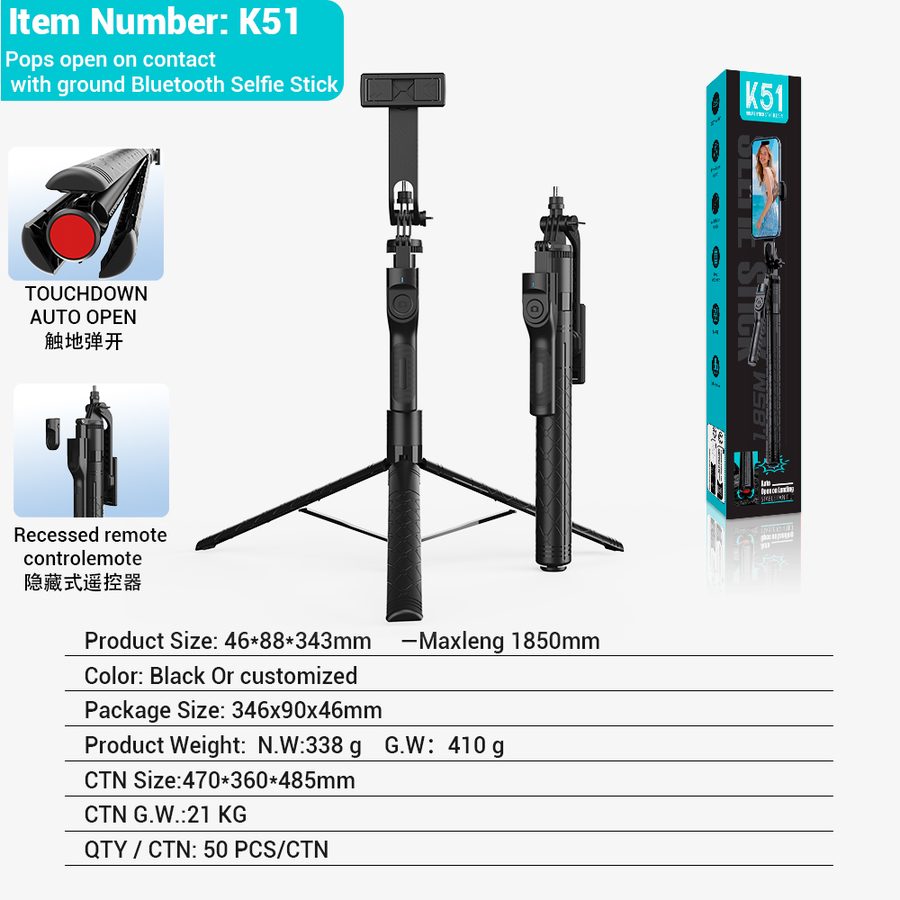 K51 Tripod Selfie Stick with Ground-Deploy Tripod, Balanced Stable Shooting