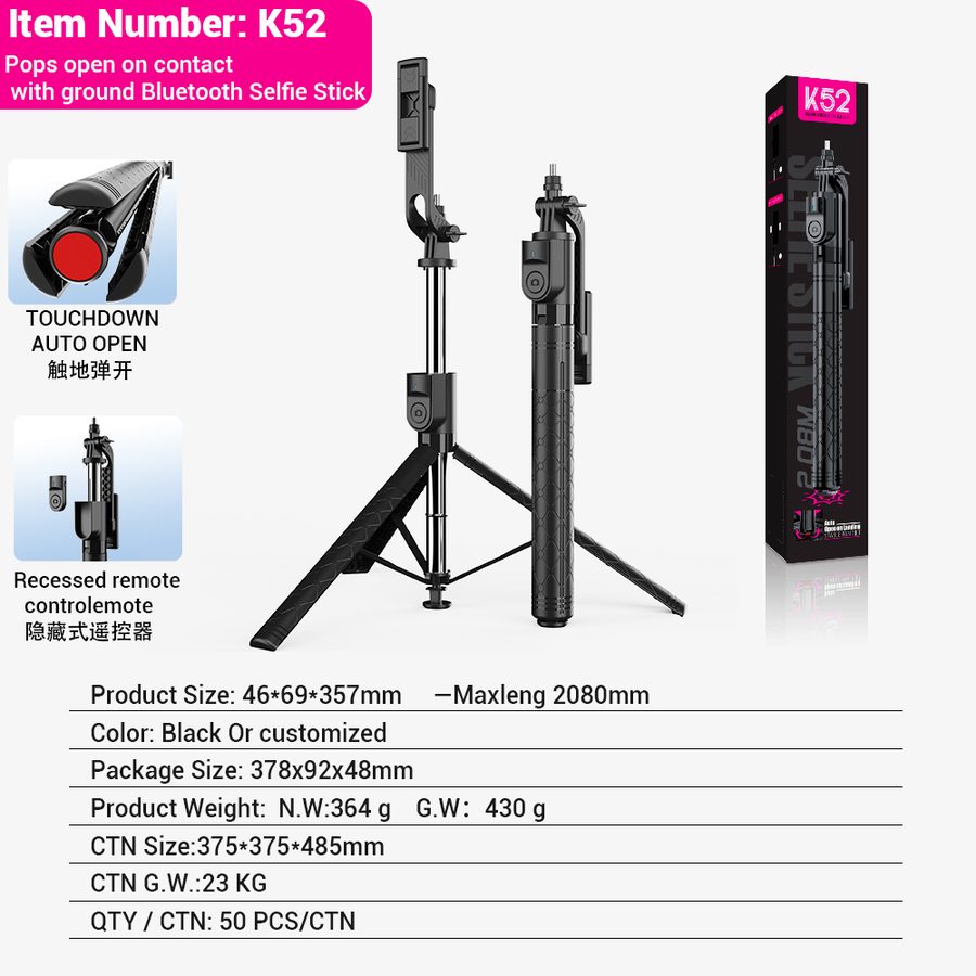 K52 Tripod Selfie Stick with Ground-Deploy Tripod, Balanced Stable Shooting