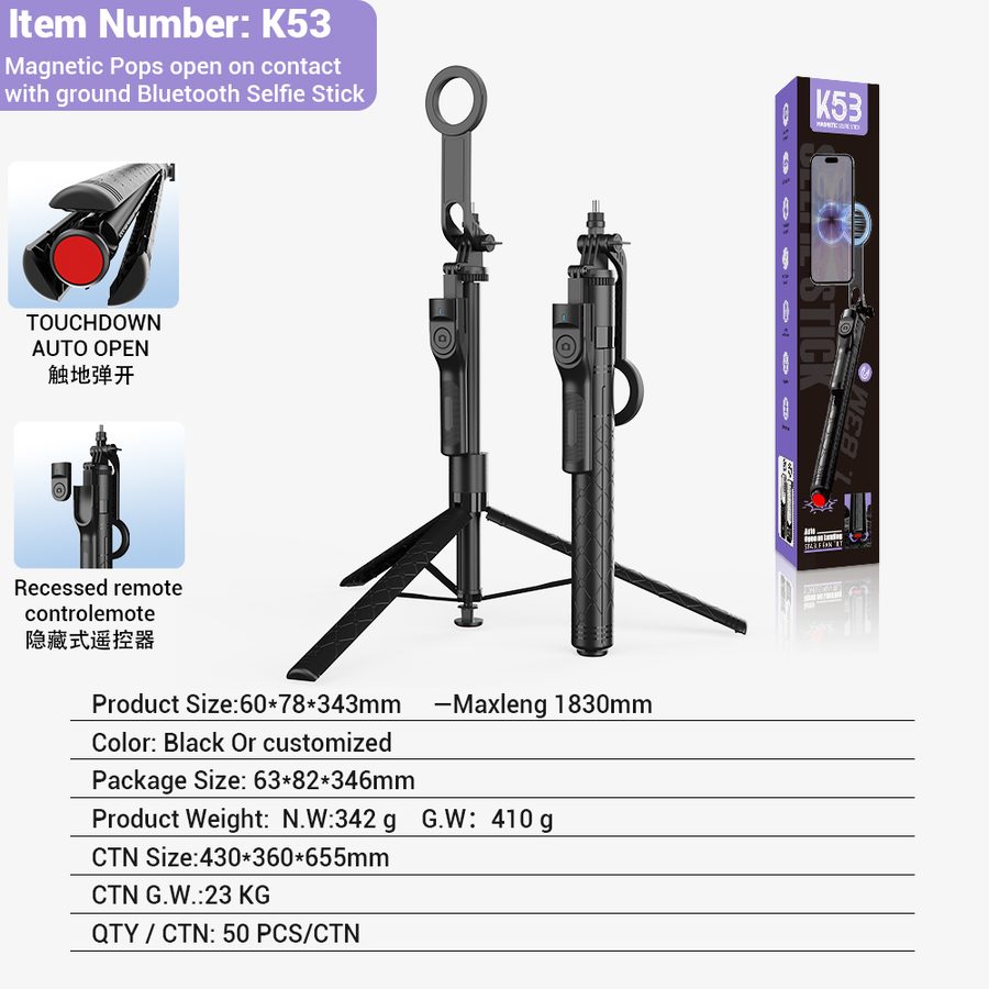 K53 Magnetic Tripod Selfie Stick with Ground-Deploy Tripod, Balanced Stable Shooting