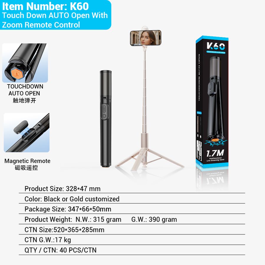K60 Tripod Selfie Stick with Ground-Deploy Tripod, Balanced Stable Shooting