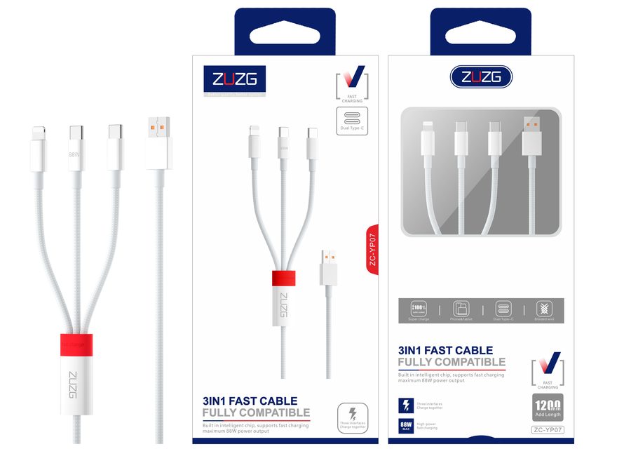 YP07 Fast Charging Charging & Data Cable with Brand Protocol Display, Universal Compatibility, 3-in-1