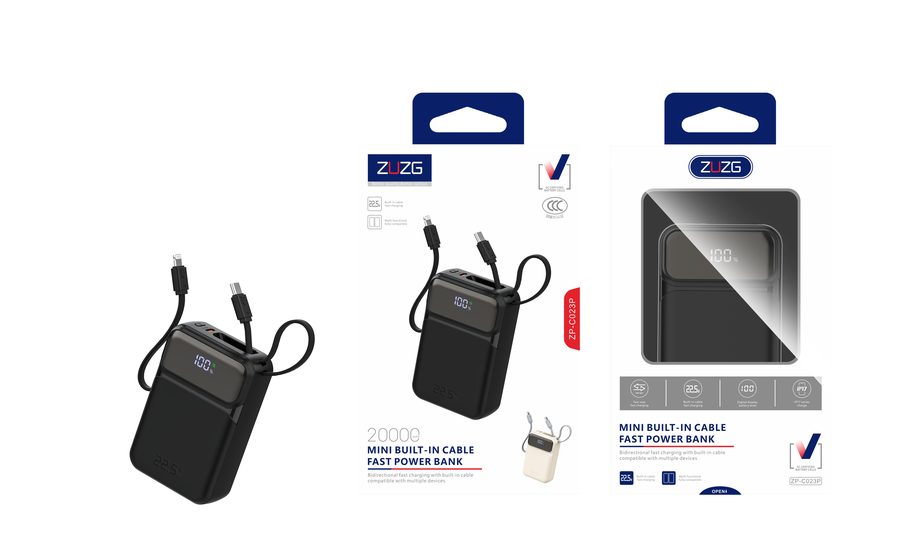 ZC-C023P 20000 mAh Digital Display Compact Power Bank with Built-in Cable, Fast Charging