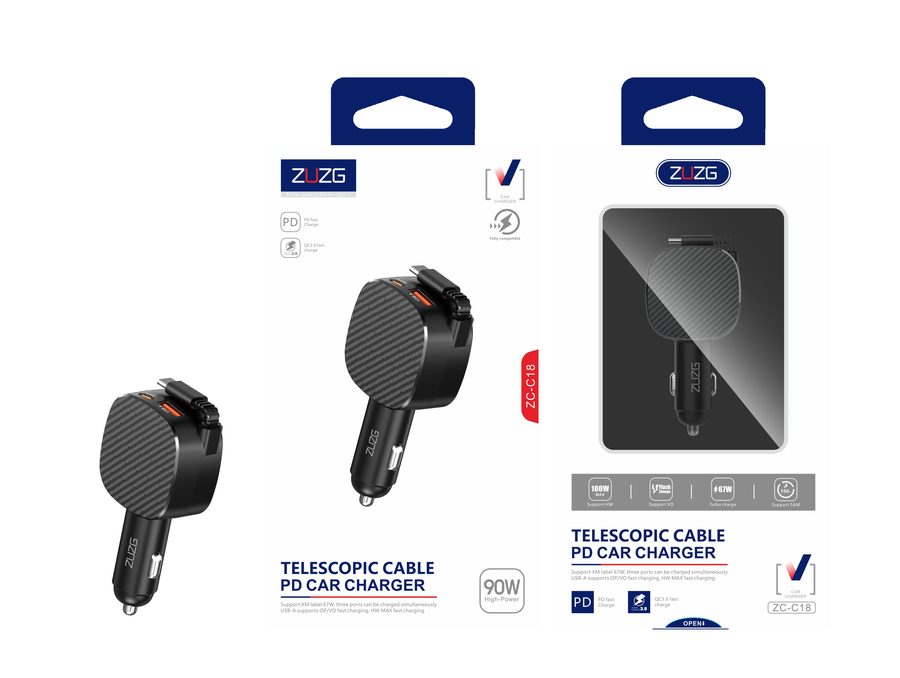 ZC-C18 Fast Charging Car Charger with Retractable Cable