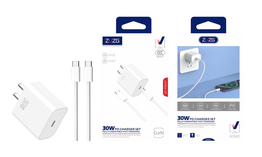 ZC-PD30C Fast Charging GaN Wall Charger with Cable, Set