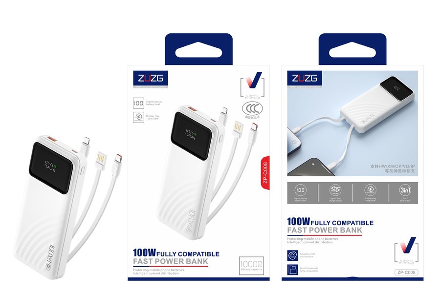 ZP-C008 10000 mAh Fast Charging Power Bank with Built-in Cable, Brand Protocol Display