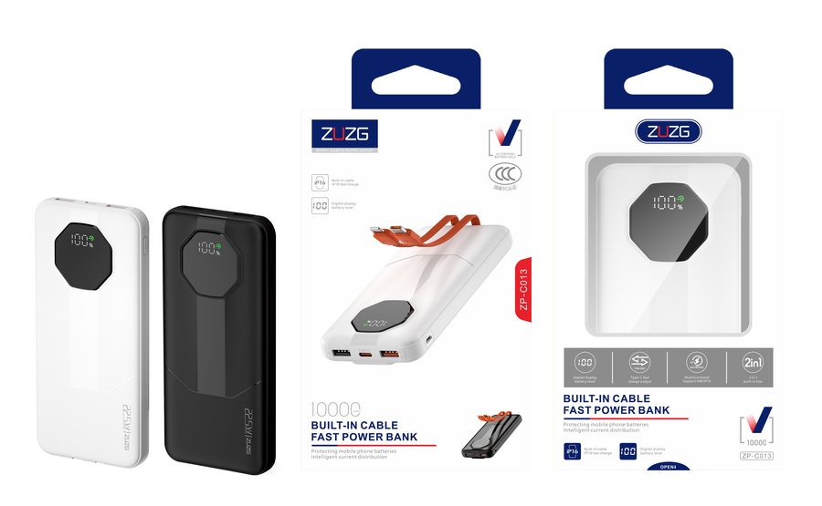 ZP-C013 10000 mAh Digital Display Fast Charging Power Bank with Built-in Cable