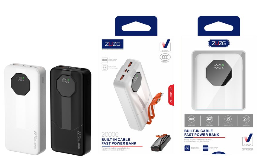 ZP-C013P 20000 mAh Digital Display Fast Charging Power Bank with Built-in Cable