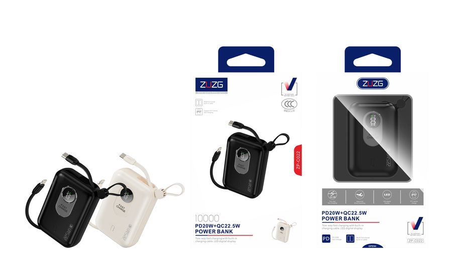 ZP-C022 10000 mAh Compact Fast Charging Power Bank with Built-in Cable