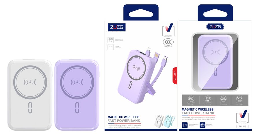 ZP-J47 10000 mAh Magnetic Power Bank with Built-in Cable, Wireless Charging